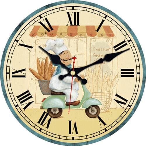 Kitchen Cook Wall Clock Pasta Fat Chef Vintage Chic Clock Silent Round Wooden Wall Watches for Cafee Bar Wall Decor