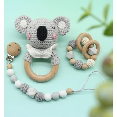 Baby Pacifier Clip Dummy Chain Holder Wooden Teething Bracelet Crochet Toy Rattle Soother Molar Infants Teether Newborn Shower G