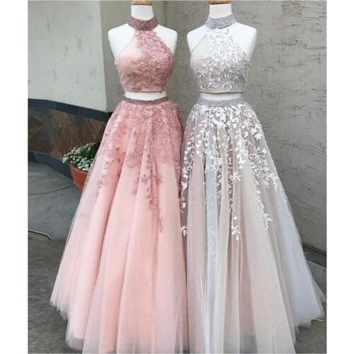 Hot Selling Evening Dress Two Piece Tulle High Neck Floor Length Prom Dresses Appliques Long Robe De Soiree Vestido Party Gown