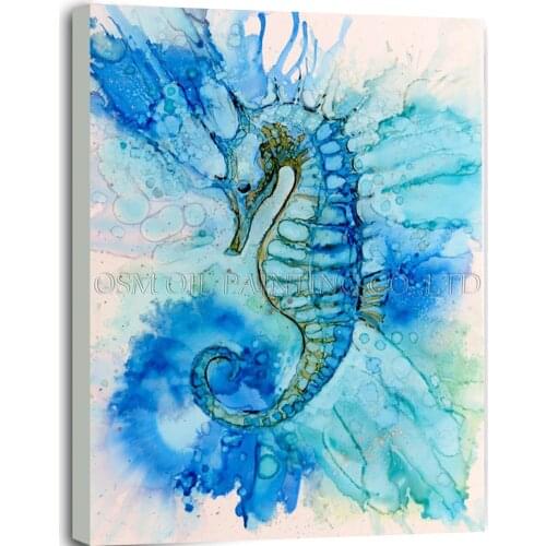 Artist Design Fresh Colors Blue Animal Sea Horse Oil Painting on Canvas Handmade Abstract Sea Horse Oil Painting for Living Room