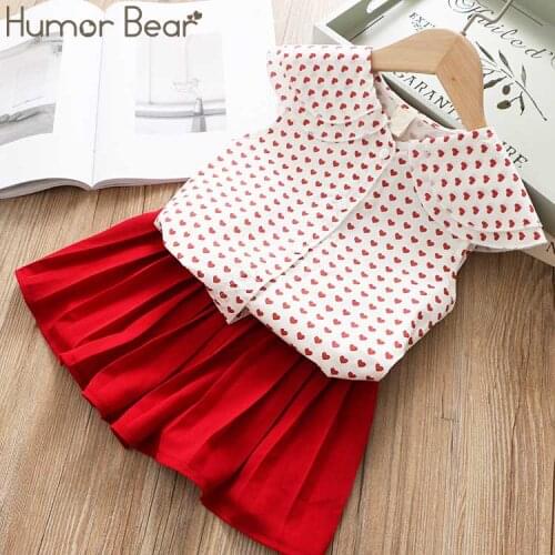 Humor Bear Girl Clothes Suit Summer Brand New Fashion Little Love Large Lapel T-Shirt+Pleated Skirt 2PCS Set Baby Girls Clothing