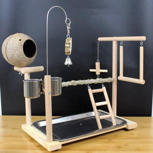 Parrot Playstand With Coconut Shell Solid Wooden Parrot Stand Game Field Interactive Training Frame Bird Shelf Standing Stick