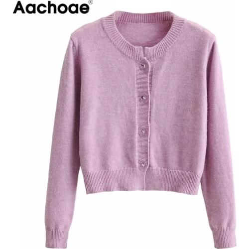 Aachoae Women Purple Color Knitted Cardigans Sweater V Neck Basic Casual Sweaters Female Loose Batwing Long Sleeve Ladies Tops