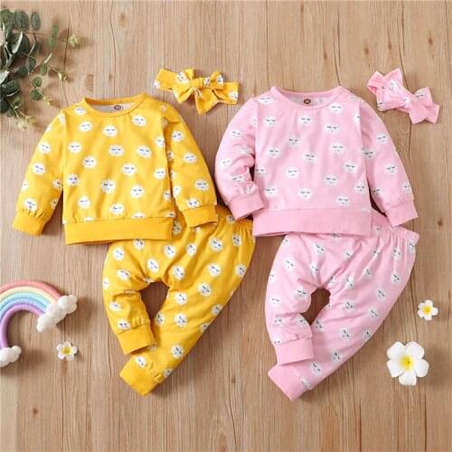 Toddler Girls Clothes Set 3Pcs Newborn Infant Girls Spring Autumn Printed Pattern Pullover Pants Headdress Baby Clothing
