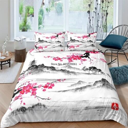 Chinese Mountain Ink Painting Duvet Cover Set Cherry Blossoms Bedding Set Boys Girl Home Textiles Floral Bedclothe Bedding Set