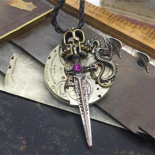 Punkboy Hip Hop Creative Vintage Skull Migic Sword Dragon Wing With Rope Pendant Long Chain Men Copper Necklace Unique Jewelry