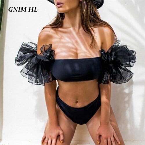 GNIM Sexy Bandeau Swimwear Women Push Up Mesh Bikini Mujer 2020 Summer High Waist Solid Brazilian Swimsuit Women Two Pieces New