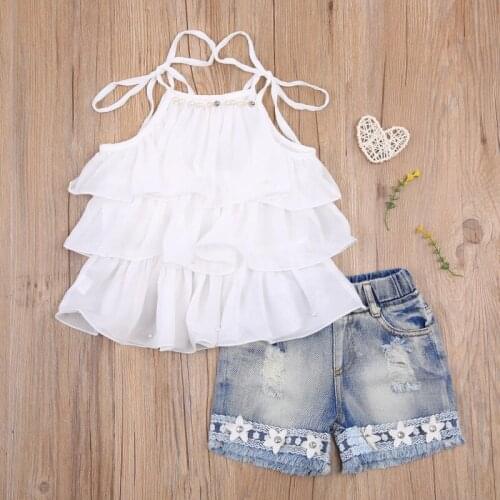 Little Girls Vest and Shorts Suit Summer 2021 Fashion Solid Color Pearl Camisole and Flower Patchwork Denim Shorts