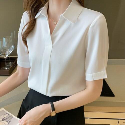 Summer Chiffon Blue Shirt Womens Blouse Short Sleeve Chiffon Shirt Summer Ladies Office White Lapel Shirts Women Tops Blusas