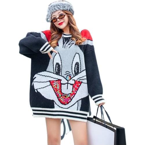 Cute Cartoon Pattern Loose Sweater Fashion Long-Sleeved Round Neck Jacquard Pullover Luxury Beading Sequins Bottoming Knitwear