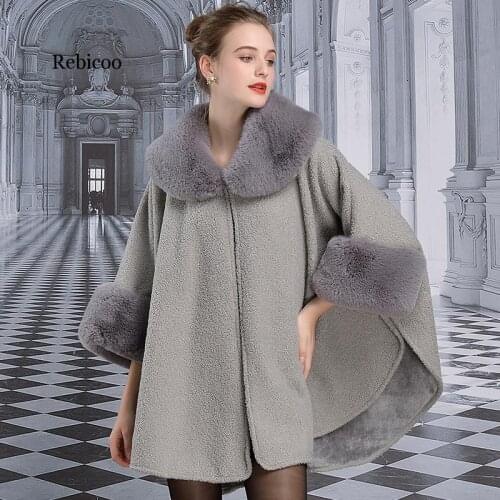 Fashion Women Winter Capes Big Faux Rabbit Fur Collar Knitted Open Stitch Poncho Long Sleeve Cardigan Thick Warm Cloak Coat