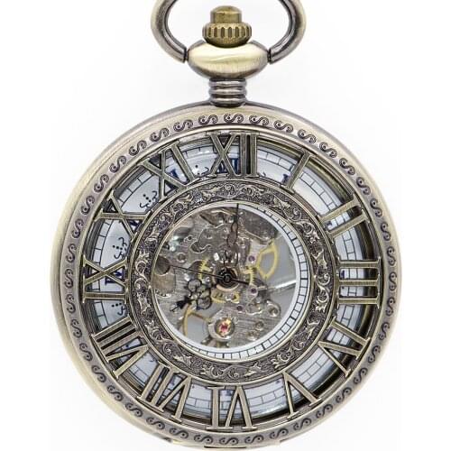 New Vintage Big Roman Numerals Hollow Case Mechanical Pocket Watch Skeleton Dial Hand Watch with Fob Chain for Men Women PJX1345