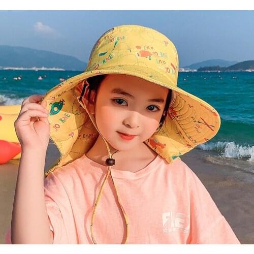 New Children Sun Hat with Neck Flap Cartoon Print Outdoor Activities Dome Cap UV Protection Caps for Girls Boy Kids