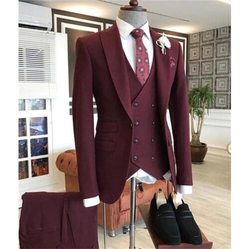 New Burgundy Red Double Breasted Vest Costume Homme Men Suits For Wedding Groom Prom Best Man Blazer Masculino Slim Fit 3 Pieces