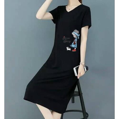 Summer Cartoon Woman Simple Dress Casual V-neck Short Sleeve Mid-Calf Black Dresses Cute Sweet Print Slim A-Line Vestidos Female