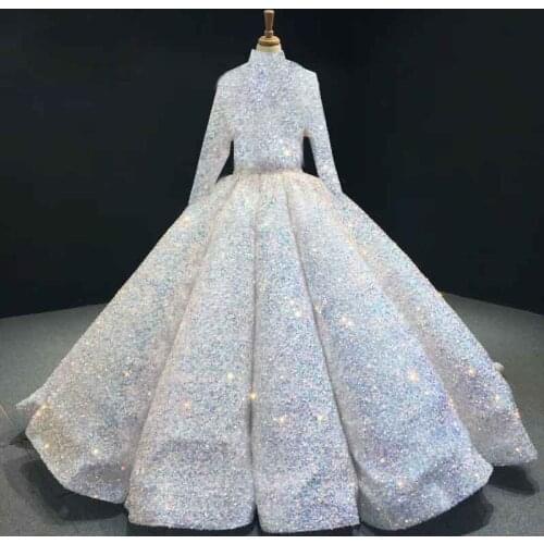 Luxury Saudi Arabia Wedding Dress Bride Fantasy Sequins Party Stand-up Collar Long-sleeved Evening Dress Elegant Prom Dres A077