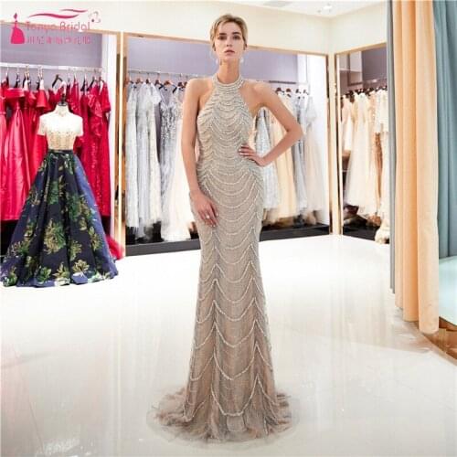 Luxurious Long Evening Dresses Backless Crystal Beads Arabic Dubai Mermaid Formal Lady Evening Prom Gown DQG1166