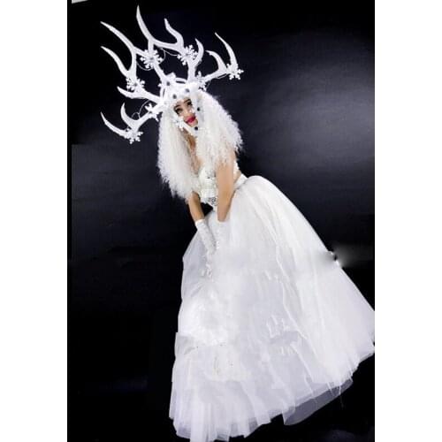 Senior luxury mysterious girl white goddess costume Luminous queen costume Halloween party cosplay Led dance suit Nightclub