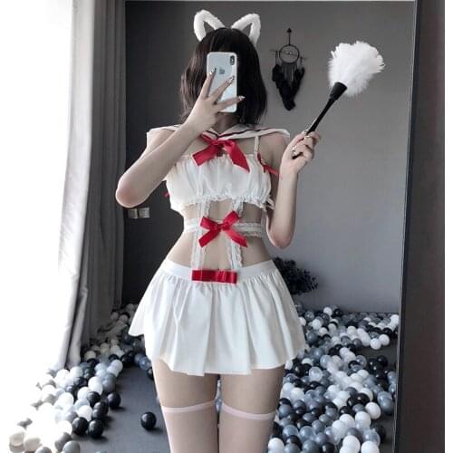 Sexy Erotic Bowknot Cat Maid Cosplay Lingerie Bra White Set Lesbian Devil Temptation Roleplay Costumes Hot Uniform For Women