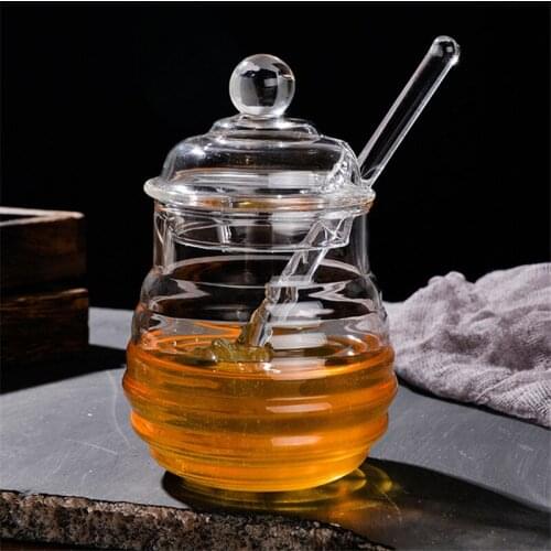 Japanese Heat-Resistant Transparent Glass Honey Jar with Lid and Stir Stick Seasoning Jar Simple Storage Bottle Kitchen Tool