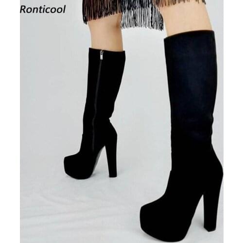 Ronticool Women Winter Platform Knee High Boots Side Zipper Chunky Heels Round Toe Elegant Black Dress Shoes Plus US Size 5-20