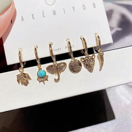 VENTFILLE 6 Pieces/set 925 Sterling Silver Zircon Elephant Leopard Owl Leaves Animal Hoop Earrings for Women Cute Jewelry