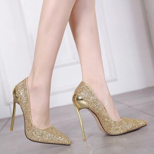 2021 spring new sequined super high heel stiletto pointed shoes female party dress shoes large size shallow mouth wedding shoes