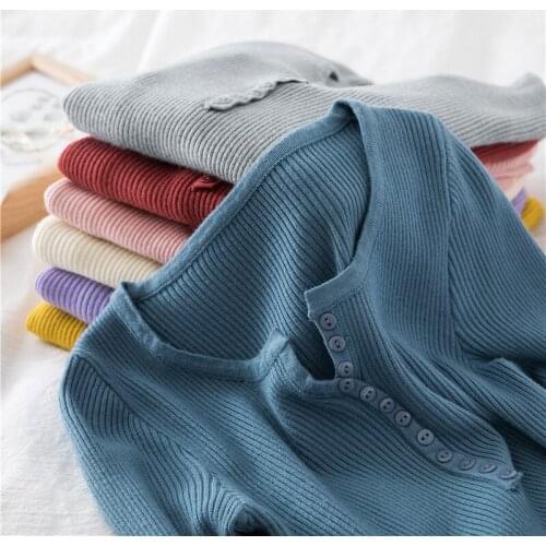 Women Long Sleeve Autumn Winter V Neck Button up Stretchable Pullover Korean Sweater Femme Jersey Knitted Pull Jumper Clothes
