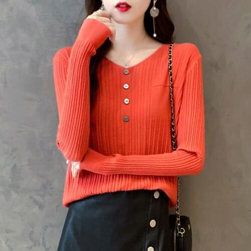 Spring fall 2020 korean casual pullover long sleeve v neck button knitted sweater ribbed tops jumpers knitwear women C179