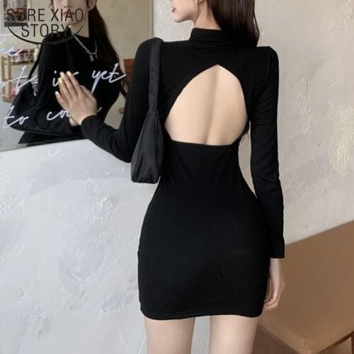 Autumn Sexy Slim Hip Dress for Women Hollow Back High Waist Bottoming Dress Lady Long Sleeve Solid Splicing Bodycon Dress 12997