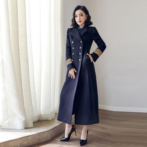 Autumn Winter New Navy Blue Double Breasted Lapel Woolen Coat UK Classic Military Style Slim Women Long Woolen Coat Manteau