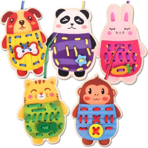5pcs Montessori Education Wooden Wear The Button Wooden Toys Animals Threading Puzzle Board Beaded Blocks Child Early Learning