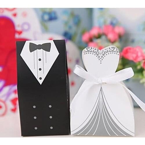 50pcs Wedding Favor Candy Box Bride & Groom Dress Tuxedo Party w/ Ribbon Boite Dragees de Mariage