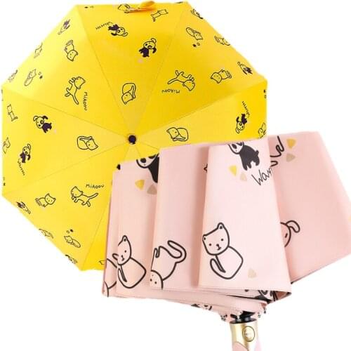 Automatic Umbrella Rain Women Three-folding Umbrella Black Coating Cat Windproof Sun Umbrella UPF50 Female Waterproof parasol