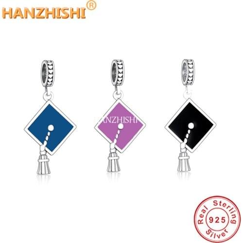 925 Sterling Silver Black Blue Purple Enamel Bachelor Cap Dangle Charms Beads Fit Original Pandora Bracelet Necklace DIY Jewelry