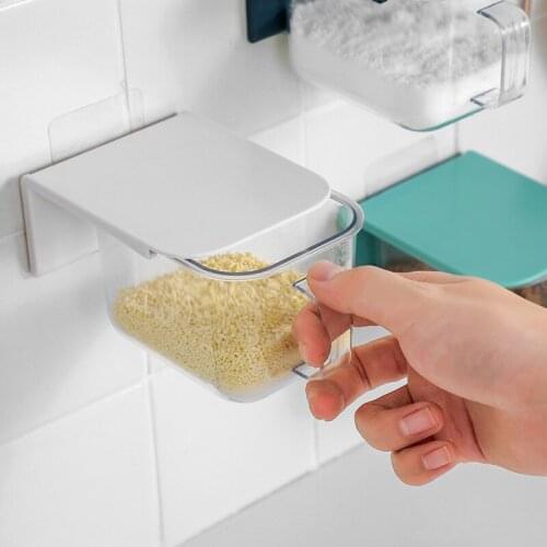 Household Wall Mounted Spice Box Kitchen Free Punch Plastic Container Transparent Salt Food Fruit Storage Accessories