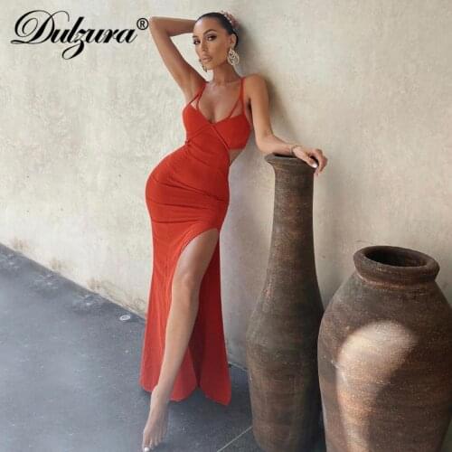 Dulzura Hollow Out Patchwork Women Strap Maxi Dress Side Slit V Neck Bodycon Sexy Streetwear Elegant Party Club 2021 Summer