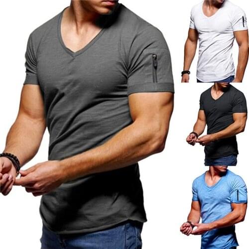2021 New Mens V-neck T-shirt Fitness Bodybuilding T-shirt High Street Summer Short-Sleeved Zipper Casual Cotton Top