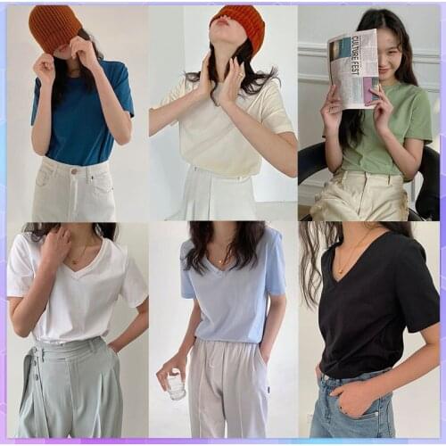 Oversized Cotton T-shirt Solid Women Tee Shirts Woman T-shirts V-neck Short Sleeve Top For Summer 2021 Female Clothing 8 Colors