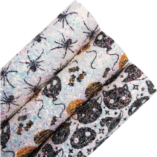 Halloween Spiders Pumpkins Printed Chunky Glitter Vinyl Fabric Sheet Felt Backing Synthetic Leather For DIY A4 SIZE 6S120C