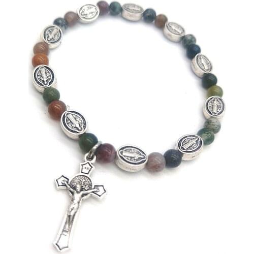 Catholic Religious Agates Stone Beads Alloy Bracelets &catenary Men Women Christ Jesus Orthodox Cross Pendant Rosary Bracelets