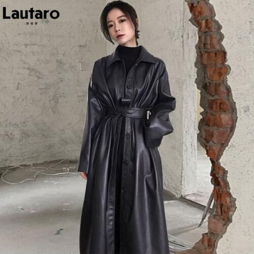 Lautaro Autumn Long Black Cool PU Leather Trench Coat for Women Belt Single Breasted Loose Korean Fashion Wholesale Clothes 2021