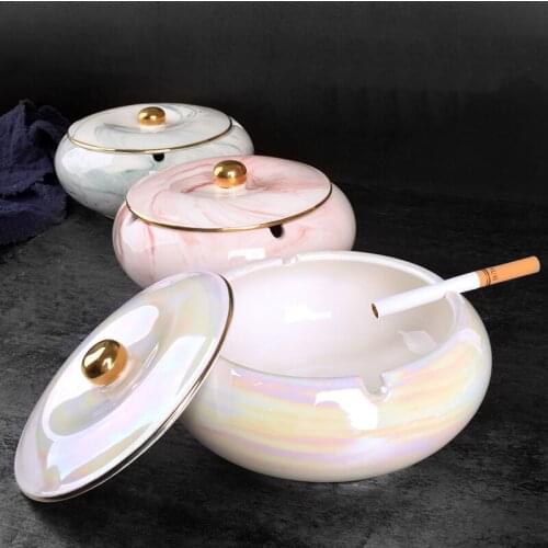 Fashion art stone texture round ceramic ashtray Simple exquisite office decorative ashtray with lid