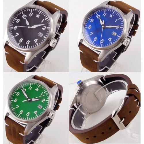 BLIGER Nologo Green Luminous Dial 39mm Automatic Men Watch Date Display 20ATM Waterproof Leather Band Brushed Case