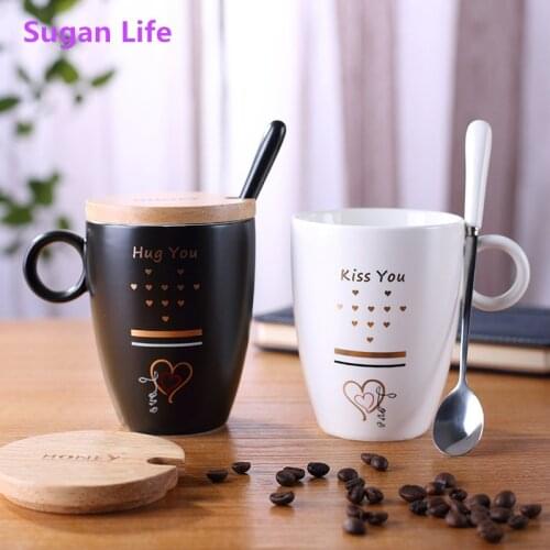 Sugan Life Nordic style a pair 2pcs capacity 400ml creative black and white with lid with spoon couple cup ceramic cup water cup