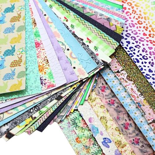 Printed Faux Leather Sheets Set 10pcs/set Glitter Lychee Jelly Synthetic Leather Fabric Pattern Material in Random for DIY Bows