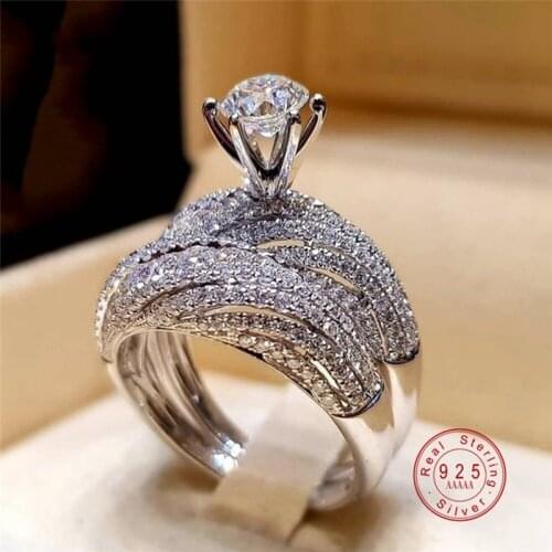 New Fashion Solid Silver Color 2pc/set CZ Crystal Wedding Engagement Ring Full Zircon Ring For Women Princess Cut Ring