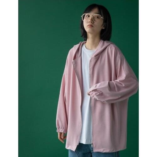 Obrix Female Light Hooded Zip Up Sweatshirt Thin Solid Pattern Pockets Casual Style Streetwear Hoodie For Women