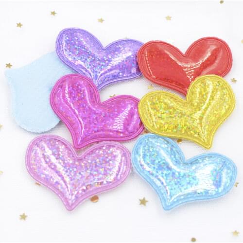 Wholesale 60Pcs Glitter Heart Padded Patches Laser PU Fabric Applique for DIY Girl Hair Band Headbands Ornaments Accessoies F52