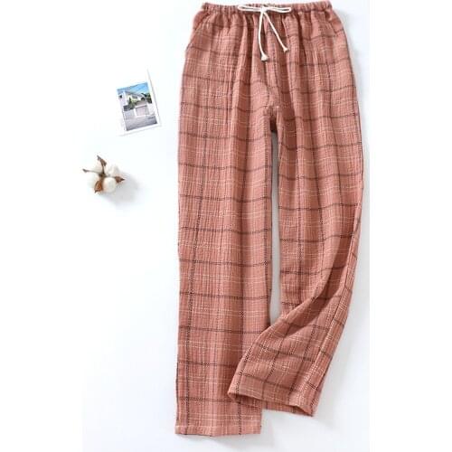 Couples Sleepwear Crepe And Cotton Big Lattice Drawstring Pants Daily Relaxed Beach Pants For Casual Couples Nightgown Pants